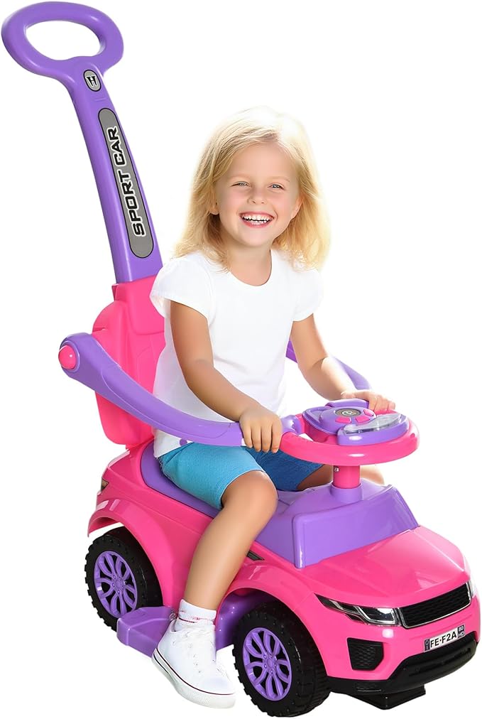 Aosom 2 in 1 Push Cars for Toddlers Kid Ride on Push Car Stroller Sliding Car with Horn Music Light Function Secure Bar Ride on Toy for Boy Girl 1-3 Years Old Pink