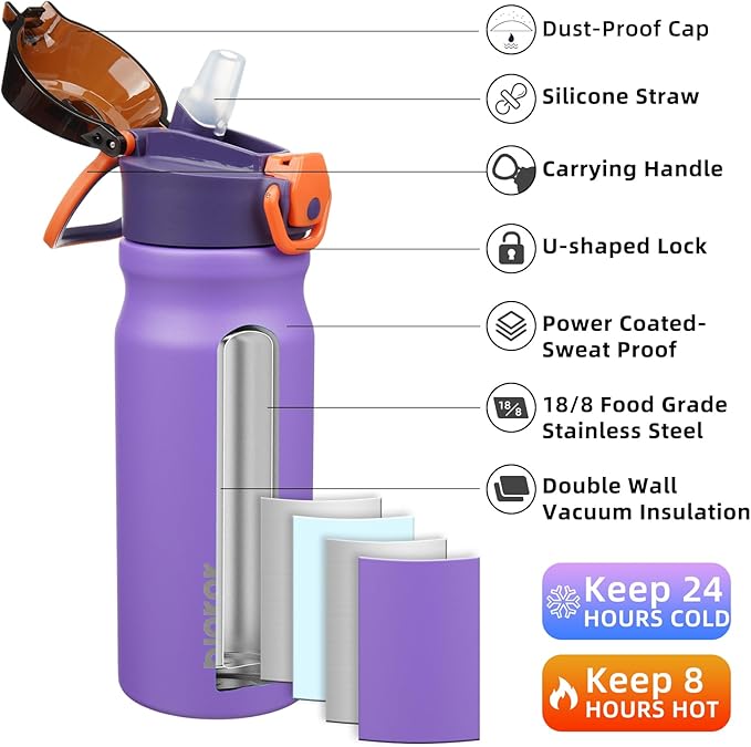 BJPKPK Stainless Steel Insulated Water Bottle with Straw Lid 18oz Reusable Metal Thermal Flask Bottles Keep Cold and Hot,Purple