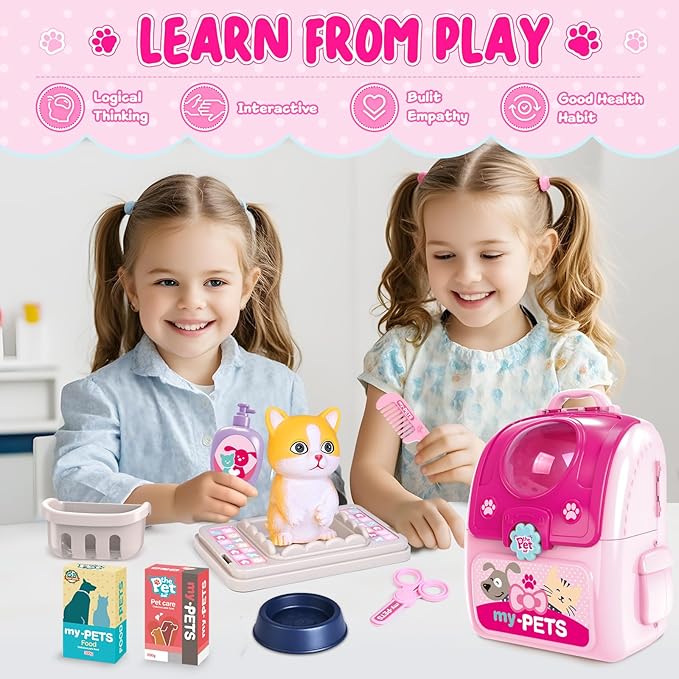 Shemira Toys Gifts for 1 2 3 4 5 6 Year Old Girl, Toddler Girl Toys, Pet Care Pretend Toys for Kids, Pet Care Playset for Kids with Toy Cat & Storage Backpack