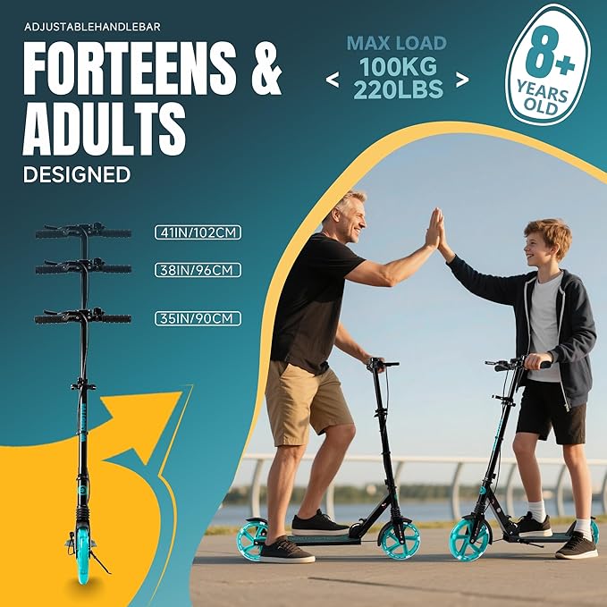 Kick Scooter for Kids Ages 8+ Teens & Adults, with Front handbrake and Rear Brake, and Adjustable Handlebars, Big Sturdy PU Flash Wheels Great Gift & Toy