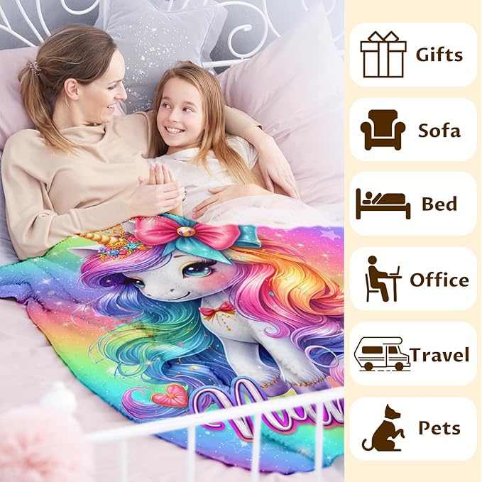 Kids Girls Blanket for Unicorn Lovers Toddlers Personalized Cute Stuff Throws Gifts, 30x40 Inches Small Lap Size Soft Cozy Warm Custom with Name Unicorn Throws Gifts for Sofa Chairs