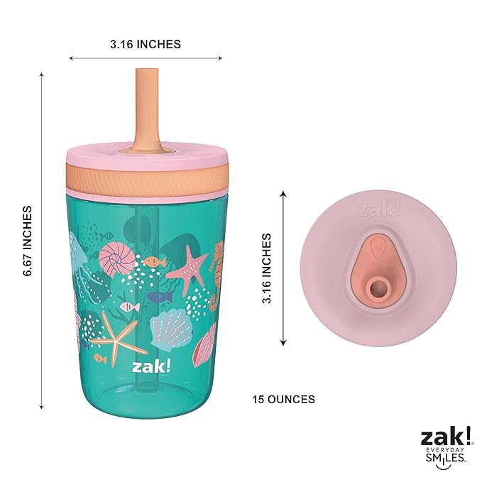 Zak Designs Kelso 15 oz Tumbler Set, (Shells) Leak-Proof Screw-On Lid with Straw Made of Durable Plastic and Silicone, Perfect Cup Bundle for Kids (2pc Set)