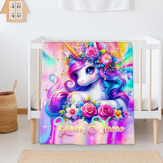 Personalized Blanket for Girls Kids Teens, 80"x60" Unicorn Throw Blanket Gifts for Girls, Custom Soft Flannel Snuggle Throws for Couch Sofa Bed Travel