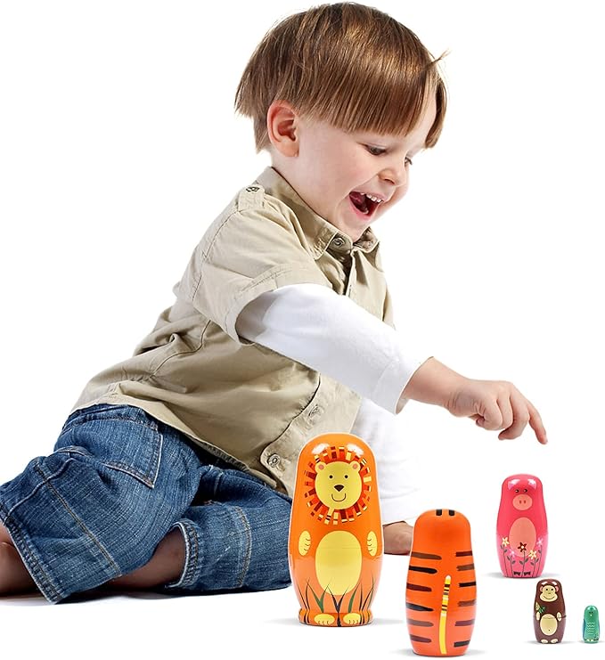 Nesting Dolls, Animal Nesting Easter Eggs Toys, Wooden Matryoshka Dolls for Kids (Round Lion)