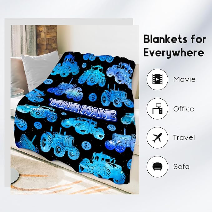Personalized Kids Tractor Blanket with Name, 5-7 Throw Blanket, Car Lovers Boys Throw Blanket for Couch Office (Blue, 40x50 Inch)