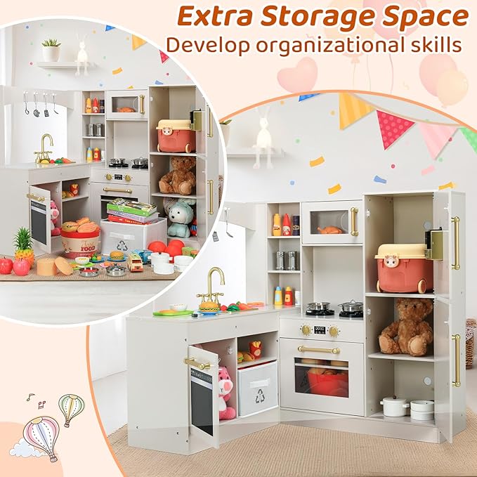 Arlopu Corner Wooden Play Kitchen with Lights & Sounds, Ultimate Pretend Cooking Toy Playset w/Utensils, Oven, Microwave, Stove, Water Dispenser (Beige)