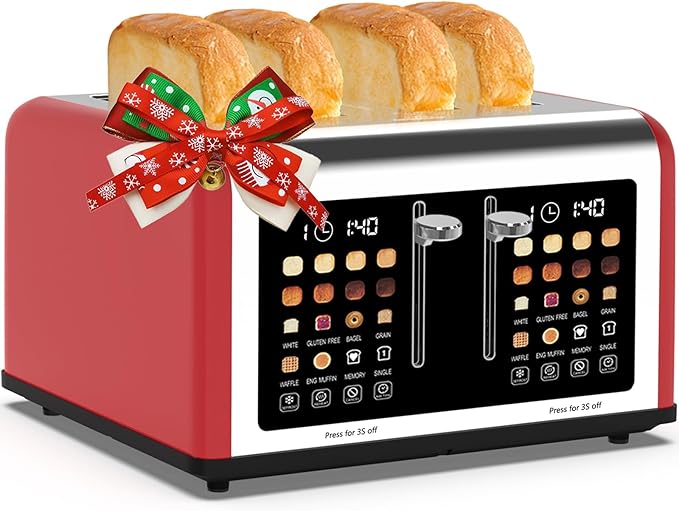 4 Slice Toaster Touch Screen, Stainless Steel Toasters Digital Timer, Dual Control Panel Toasters, 8 Shade Settings 6 Bread Types for Bagel, Cancel, Defrost 1650W Red