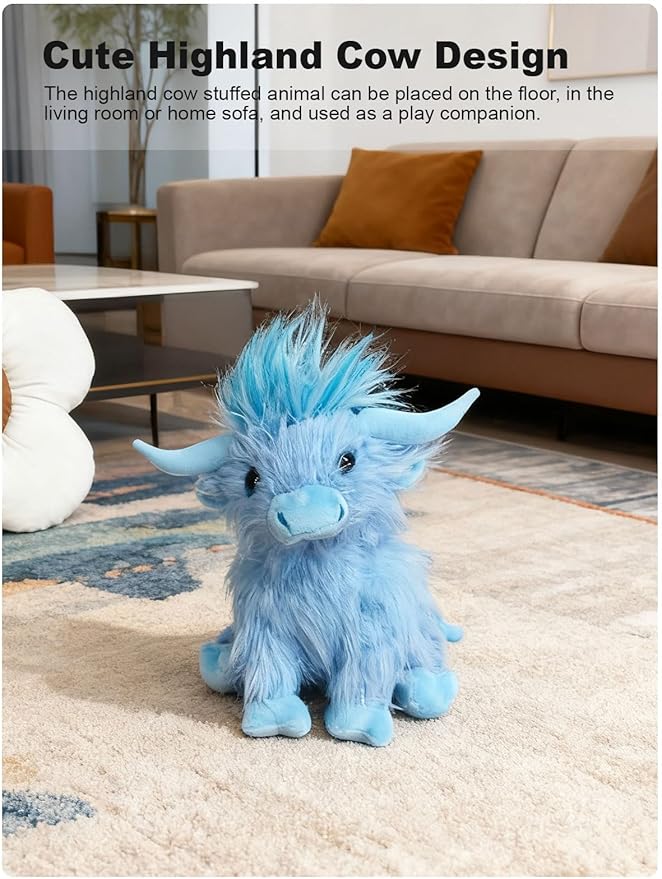 Highland Cow Fluffy Stuffed Animal, 10" Adorable Realistic Plush Toy Soft Cute Cow Plushie Home Decor Gift for Boys Girls Kids Teens Adults, Blue