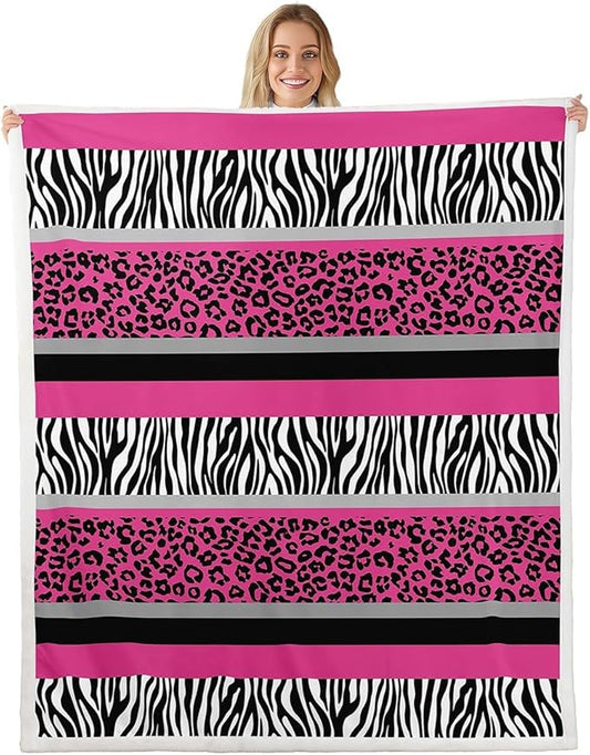 Zebra Stripes Sherpa Blanket - Leopard Print Throw for Kids Girls, Pink Black White Fur Plush Ultra Soft Decor, Wild Animal Skin Fuzzy for Sofa Bed Couch, 40x50 Inch