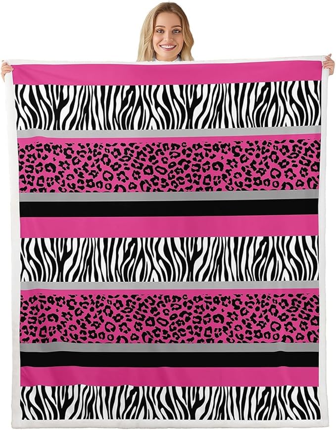 Zebra Leopard Sherpa Throw Blanket - Kids Girls Pink Black White Zebra Leopard Fur Plush Ultra Soft Decor Wild Animal Skin Fuzzy Blanket for Sofa Bed Couch,Twin 60x80 Inch