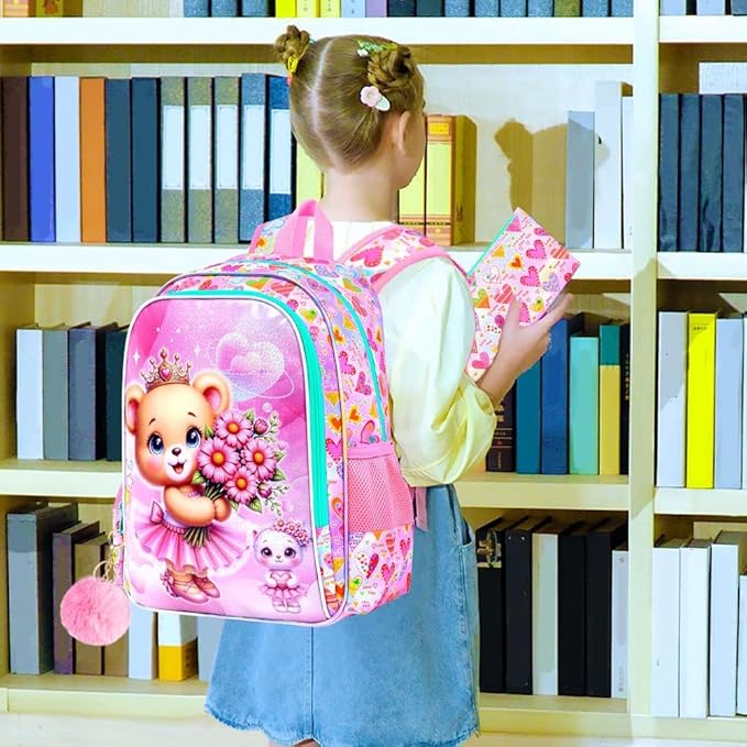 CCJPX 16" Bear Backpack for Girls, 3Pcs Kids Bookbag with Lunch Box, Water Resistant Elementary School Bag for Kindergarten Preschool Toddler (Pink)
