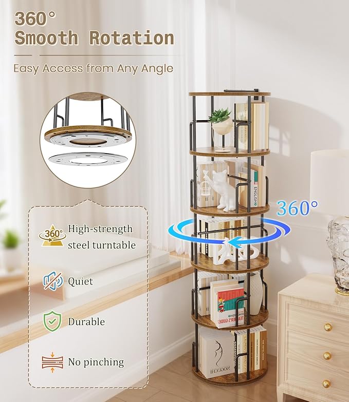 5 Tier Rotating Bookshelf Tower Round,Tall Floor Standing Spinning Bookshelf Tower Anti-Tipping Design,Metal & Wood Revolving Bookcase Stackable Space Saving for Small Spaces,Study,Living Room,Bedroom