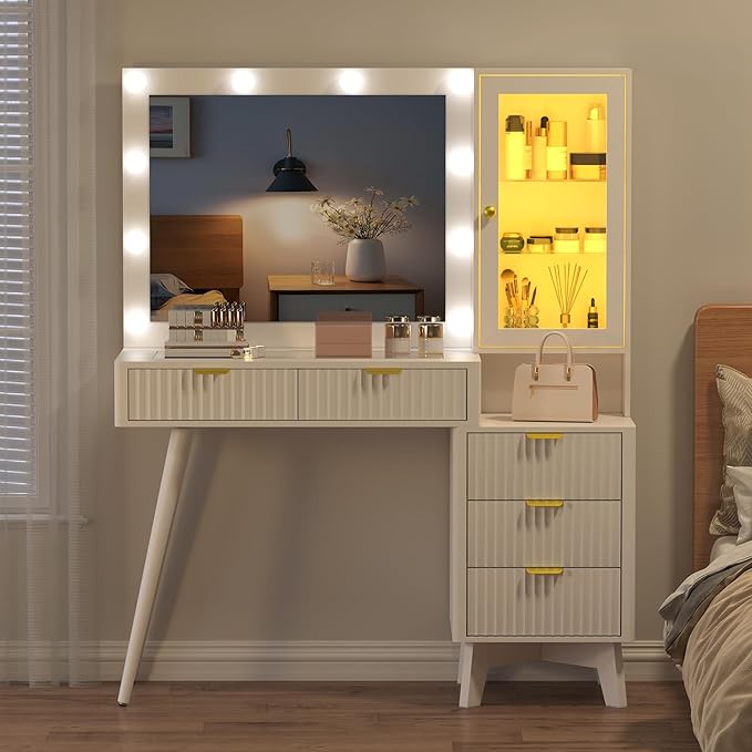 45” Fluted Makeup Vanity Desk with Mirror and Lights, Glass Top Dressing Table with 5 Drawers, LED Lighted Adjustable Cabinet, Trays & Charging Station for Bedroom Dressing Room