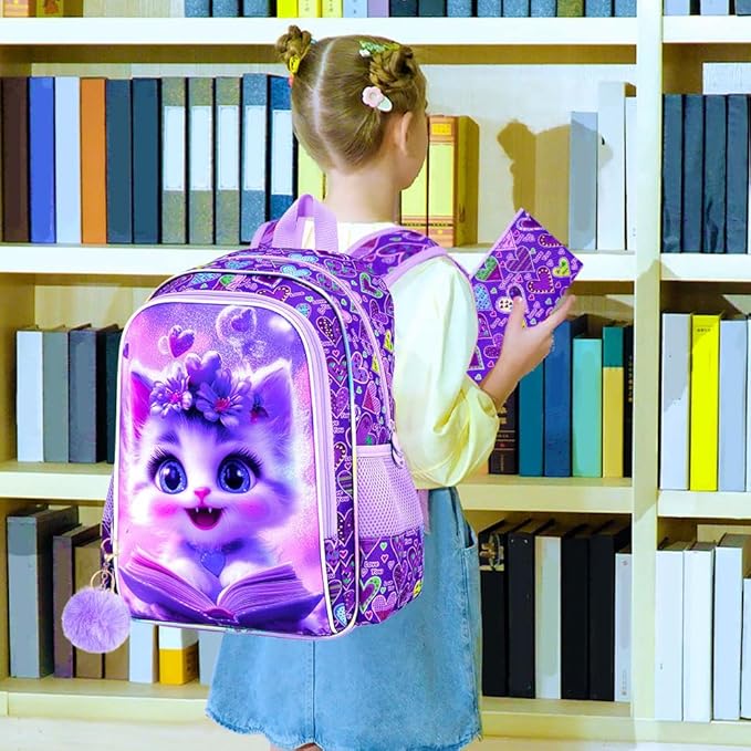 CCJPX 3Pcs Cat Backpack for Girls, 16” Kids Bookbag with Lunch Box, Water Resistant Elementary School Bag for Kindergarten Preschool Toddler (Purple)