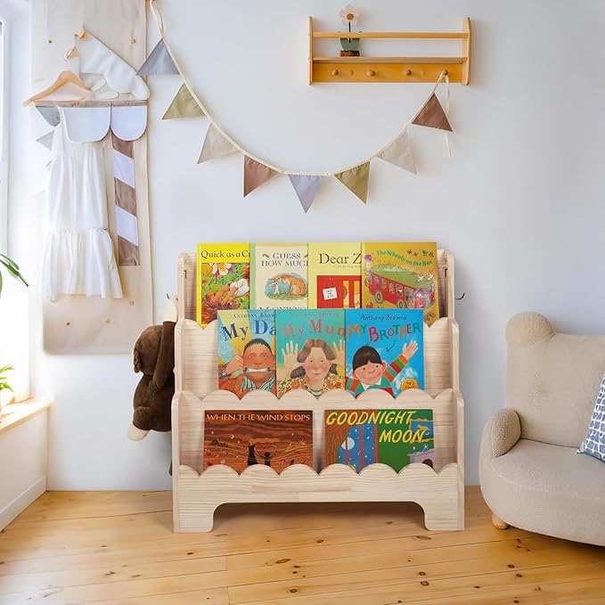 Kids Bookshelf Wooden 3-Tier, Scalloped Book Shelf for Kids Rooms, Front Facing Toddler Montessori Bookshelf, Baby Nursery Book Shelves Kid Classroom Book Shelf Bookcase