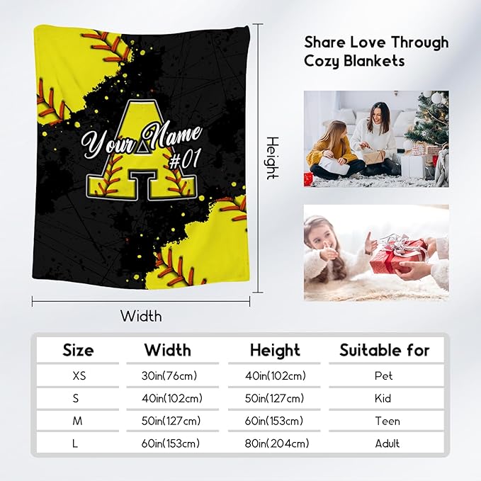 Personalized Softball Blanket - Custom Initial Name Gifts for Girls - Lightweight Soft Sports Throw for Softball Players - 40x50 Inches Small Blanket Decor Ideas for Kids Daughter