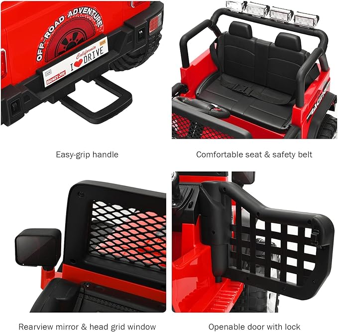 Costzon 2-Seater Ride on Truck, 12V Battery Powered Electric Vehicle w/Remote Control, 2 Speeds, Spring Suspension, LED Light, Horn, Music/ MP3, 2 Doors Open, Ride on Car for Kids (Red)