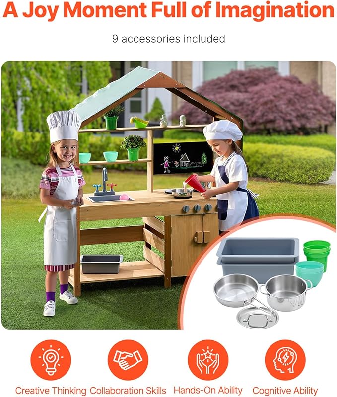 VEVOR Mud Kitchen with Canopy, Fir Wood Play Kitchen for Toddlers with Accessories, Mud Kitchen for Kids Outdoor Backyard with Stoves, Planter Boxes, 2 Sink, Faucet, Blackboard, Cookware Pot