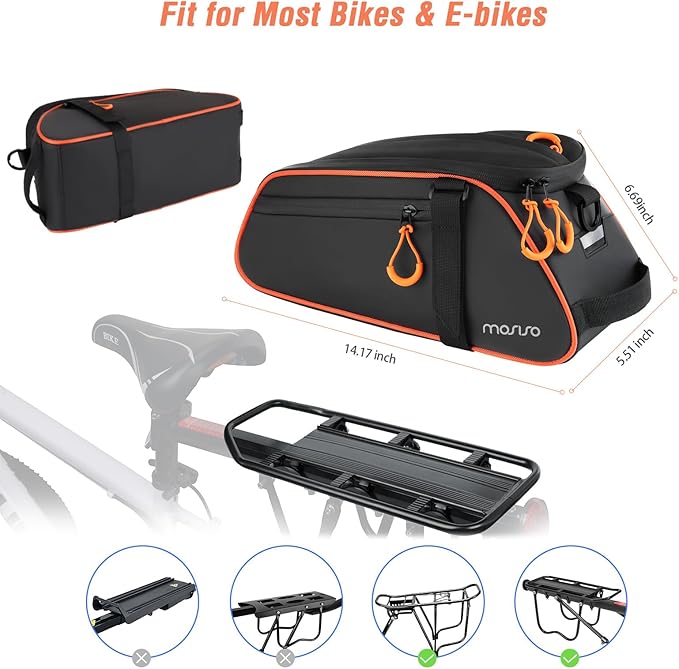 MOSISO Bike Rack Bag, 8L Waterproof Bicycle Rear Rack Trunk Bags with Orange Pull Tabs, Bike Rear Seat Bag Bicycle Storage Saddle Luggage Bags with Shoulder Strap for Road Mountain Cycling, Black