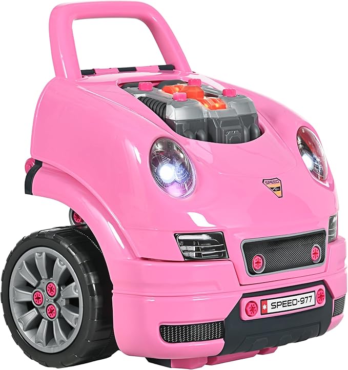 Qaba Truck Engine Toy, Kids Mechanic Set with Lights, Sounds, Steering Wheel and Horn, Pretend Car Service Station Play with 61-Piece Included, Toy Engine Building Kit for Kids Aged 3+, Pink