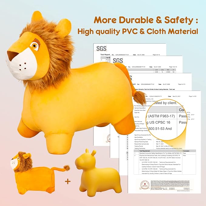PlayZap Lion Bouncy Horse Hopper, Plush Bouncy Animals Hopper for Toddlers, Inflatable Jumping Ride on Bouncer, Kids Hopping Toys for 18M 2 3 Years Old Kids Boys Girls Gifts