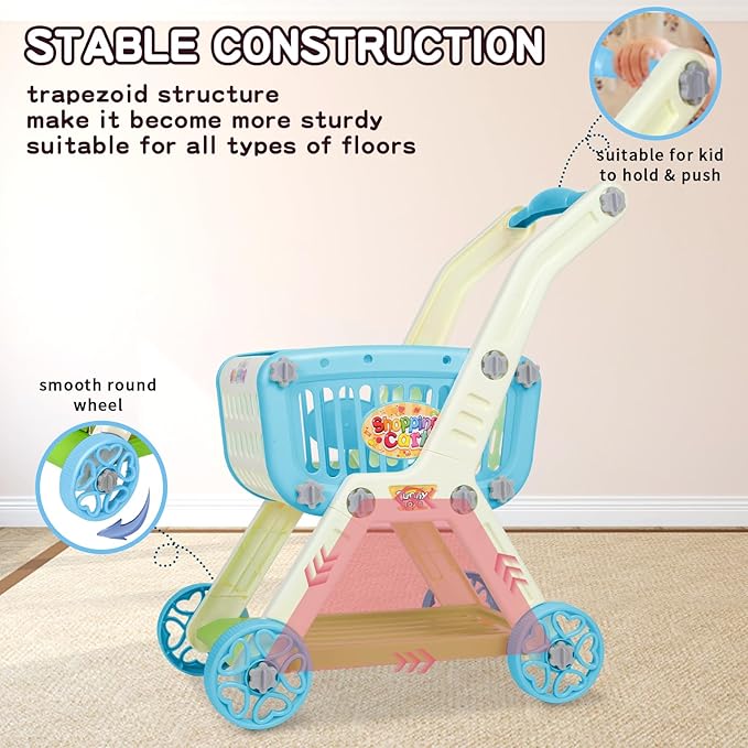 Kids Shopping Cart - 2 in 1 Toy Shopping Cart with Play Food Fruit Vegetable Dessert and Shop Accessories, 72pcs Pretend Play Grocery Store Toy Kitchen Game Trolley Play Set for Kids (Blue)