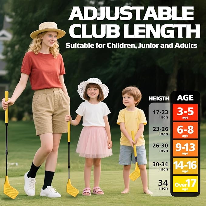 Kids Golf Club Set, Adjustable Backyard Outdoor Indoor Golf Clubs with Oversized Club Heads for Kids, Juniors, and Family Play Golf Game in Grass, Parks, Yards (Yellow)