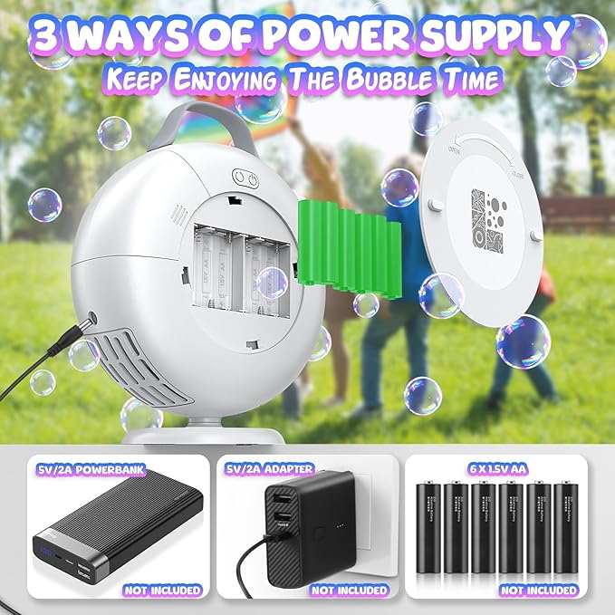 Bubble Machine, Automatic Bubble Blower for Kids Toddlers, 8000+ Bubbles Per Minute, 90° 200° Oscillating Electric Plug-in or Batteries Bubble Maker Toys for Outdoor Birthday Party - White