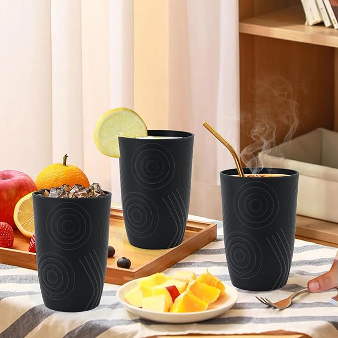 Wheat Straw Cups 6 Pcs 16 OZ Plastic Cup, Unbreakable Drinking Glasses, Lightweight Cup Set for Kitchen, Alternative to Plastic Cups Reusable Dishwasher Safe (Black)