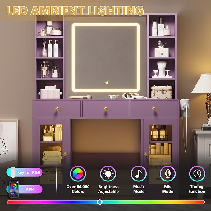 Vanity Desk with Mirror and Lights, White Makeup Vanity with Glass Top & Drawers, 3 Lighting Modes, Power Outlet, RGB Glass Cabinets, Modern Dressing Table for Women, Girls, Teens