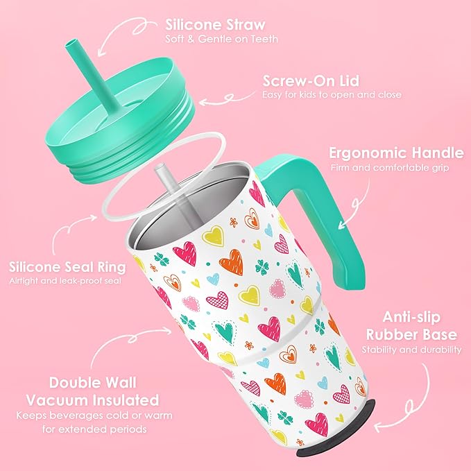 Heart Design Kid 20oz Tumbler with Handle and Silicone Straw Lid, Insulated Stainless Steel Cup, Gift for Kids Girls, Gifts Idea for Birthday Christmas Back to School