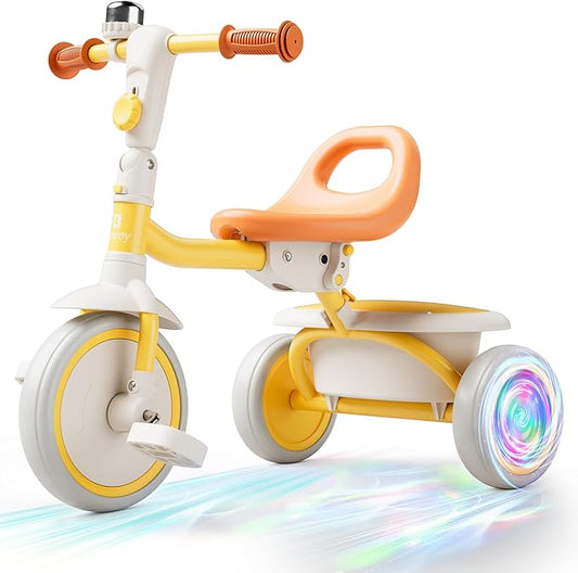 besrey Colorful Lighting Toddler Tricycle for Ages 18 Months to 5 Years, Toddler Bike with Bell, Kids Tricycle, Gift for 2-5 Year Olds, Toy for Boys and Girls, Tricycle for Toddlers, Yellow