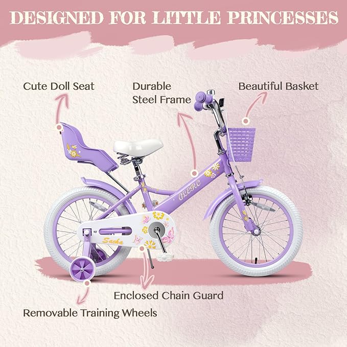 Glerc Sasha Girls Bike, 12-20 Inch Kids Bike for Children Ages 2-13 Years, Kids Bicycle with Doll-Seat & Basket & Training Wheels, Multiple Colors