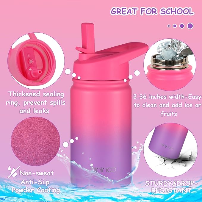 Mininoo Insulated Kids Water Bottle, 12 oz Stainless Steel Water Bottle Kids with Straw Lid and Chug Lid for Girls, Boys (Punch/Purple)