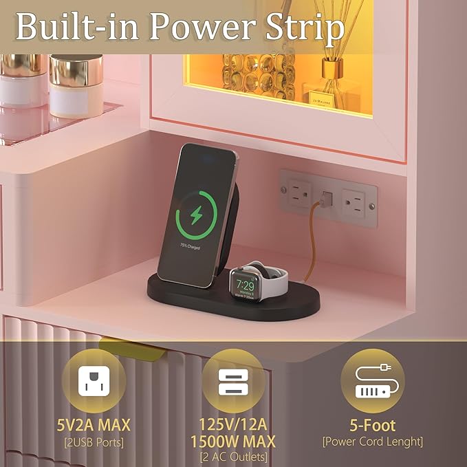 45” Fluted Makeup Vanity Desk with Mirror and Lights, Glass Top Dressing Table with 5 Drawers, LED Lighted Adjustable Cabinet, Trays & Charging Station for Bedroom Dressing Room