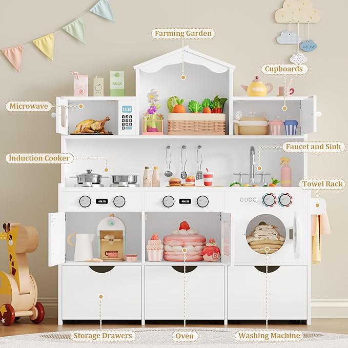 Keyluv Wooden Play Kitchen for Kids and Toddler, Montessori Toy Kitchen Playset with Plenty of Pretend Play Features and Storage Drawers, Gift for Boys and Girls, White