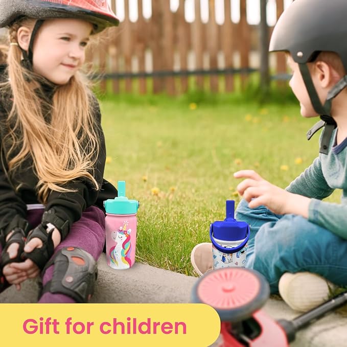 Unicorn Water Bottle - Kids Water Bottle with Straw Lid - 12 Oz Insulated Stainless Steel Water Bottles for Kid Girls - Travel Cup for School Sports
