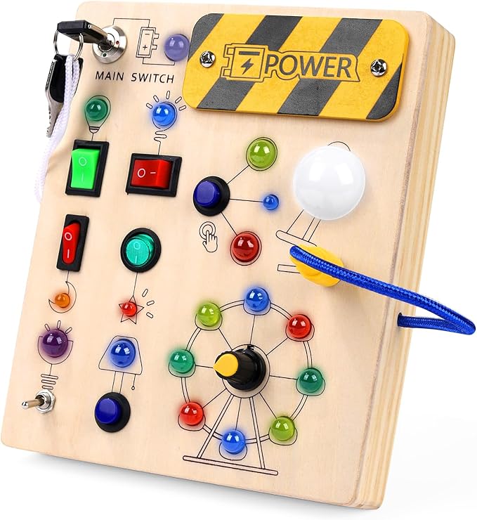 Montessori Busy Board for Toddlers, 19-LED Wooden Sensory Activity Board, Educational Toys for 3-6 Year Olds, Travel Toy for Early Science Exploration