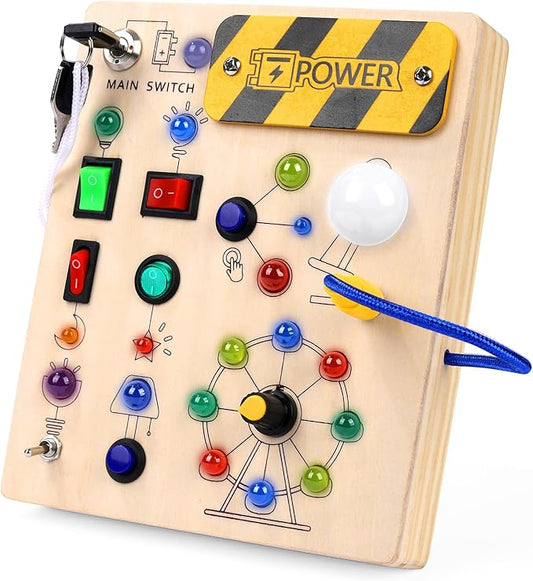 Montessori Busy Board for Toddlers, 19-LED Wooden Sensory Activity Board, Educational Toys for 3-6 Year Olds, Travel Toy for Early Science Exploration