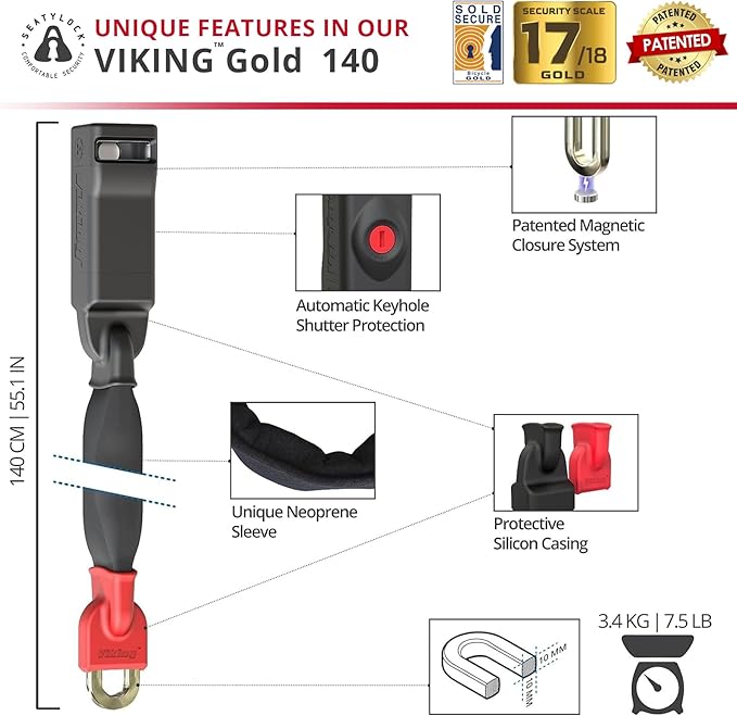 Seatylock Viking Bike Chain Lock with Key - Magnetic Patented Sold Secure Gold Rated - Heavy Duty Anti Theft - Smart Ultra Security Bicycle Lock (55.1 in)