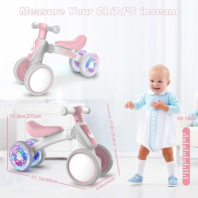 Colorful Lighting Baby Balance Bike Toys for 1 Year Old Girl Gifts, 10-36 Month Toddler Balance Bike, No Pedal 4 Silence Wheels & Soft Seat First Bike, One Year Old Girl Birthday Gifts