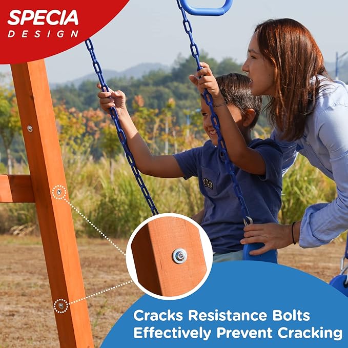 Dolphin Playground Wooden Swing Sets for Backyard, Family DIY Kit for Any Swings, Outdoor Playset for Kids with Trapeze Swing Bar and 2 Belt Swings, Heavy Duty Playground Accessories, Ages 3-10