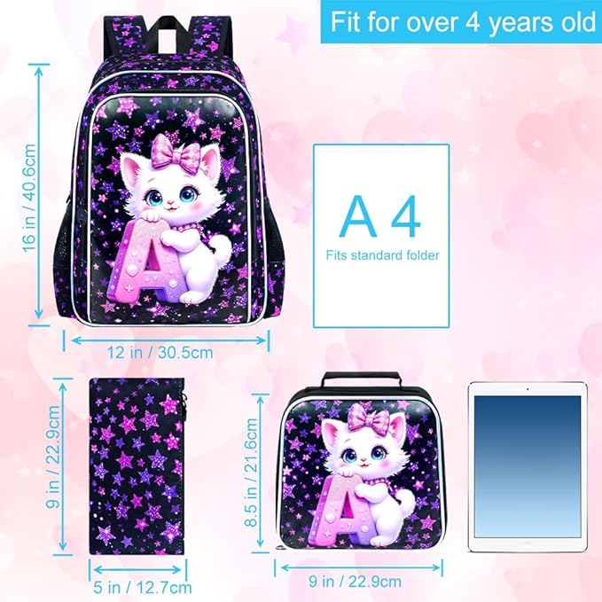CCJPX 16" Cat Backpack for School, 3Pcs Girls Kids Bookbag with Lunch Box, Water Resistant Elementary School Bag for Kindergarten Preschool Toddler (Black)
