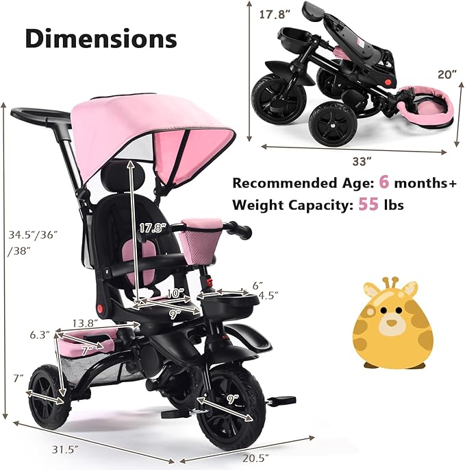 Kinder King Kids Tricycle, 7 in 1 Folding Toddler Trike w/Adjustable Push Handle, Rotatable Seat, Adjustable Canopy, Safety Harness, Storage, Toddler Stroller Bike for Age 6 Months+,Pink