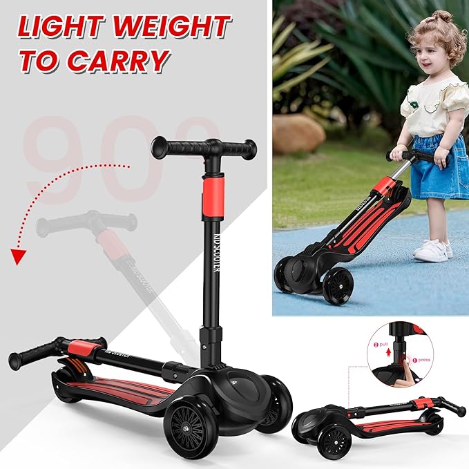 2-in-1 Adjustable Kick Scooter for Kids 3-5 (Suitable 3-12 Years),5-Level Handlebar & Removable Seat, LED Light-Up Wheels, Wide Deck, Foldable Design for Indoor/Outdoor Use - Girls & Boys