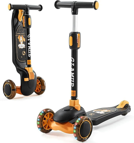 GLAMUP Kids Kick Scooter 3 Wheels, Kids Scooter Height Adjustable Handlebar, Lean-to-Steer System & Easy-Folding Mechanism, Ages 3-14 Boys and Girls