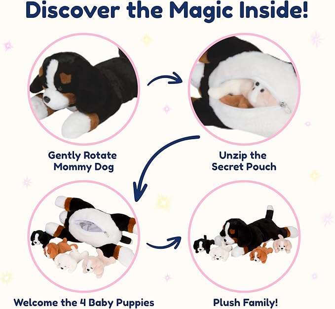 PixieCrush Dog Stuffed Animals - Bernese Mommy with 4 Puppies in Her Tummy - Huggable and Fluffy Dog Plushies for Imaginative Play - Plush Toys Suitable for Kids 3 Years Old and Above - 5" x 10" x 8"