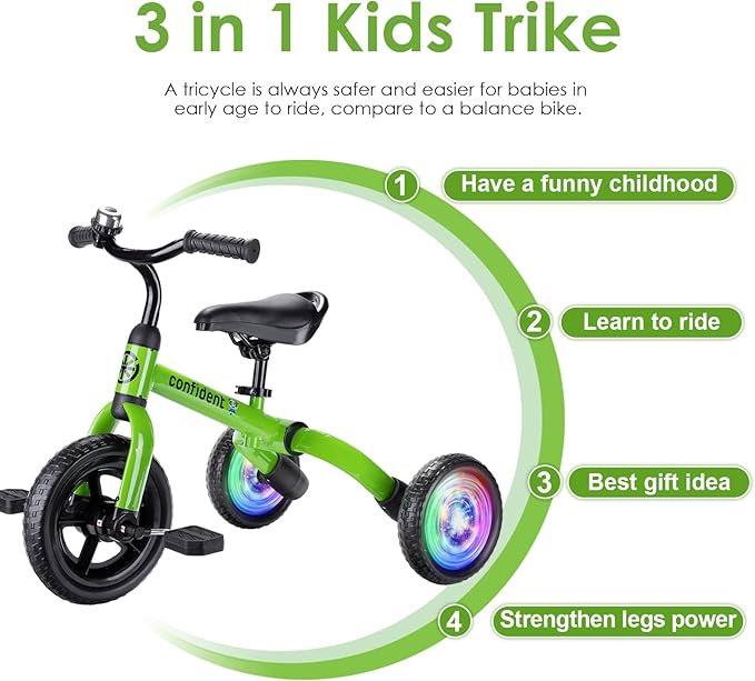 YGJT 3 in 1 Lighting Tricycle for Toddlers Age 2-5 Years Old, Folding Kids Balance Bike with Adjustable Seat and Removable Pedal, Toddler Bike Ride-on Toys for Infant, Gift for Baby Boys Girls(Green)