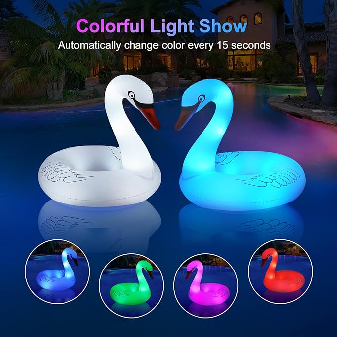 Solar Powered Inflatable Swan Pool Floats with Lights, LED RGB Color Changing Light Up Pool Floats Adult, 42'' Large Swan Pool Floaties, Lake Floats Summer Pool Raft Lounge for Adults - 2 PC