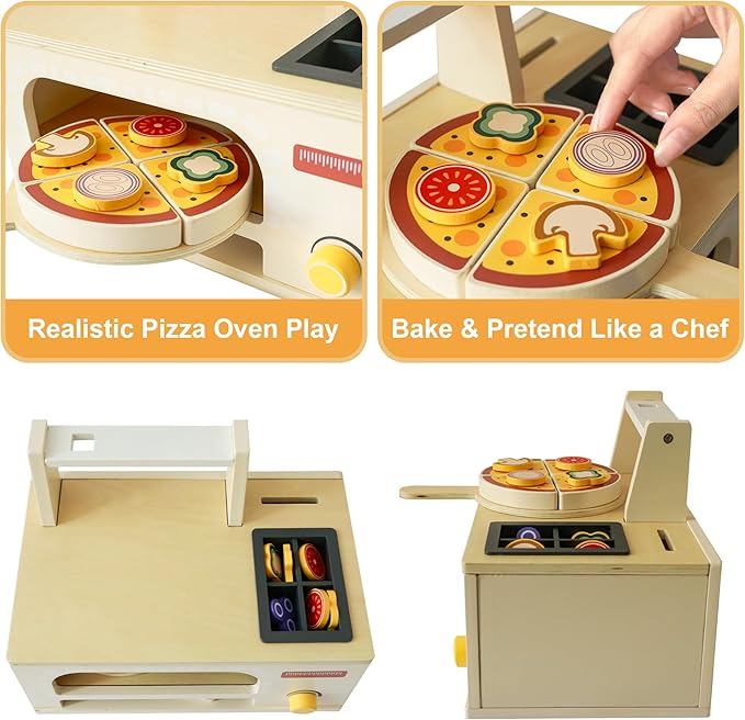 Wooden Pizza Toy Playset for Kids Ages 3–5, Montessori Pretend Play Food & Wooden Kitchen Playset with Easy Bake Oven, Slice & Serve Pizza Maker Toy, Educational Cooking Gift for Boys and Girls